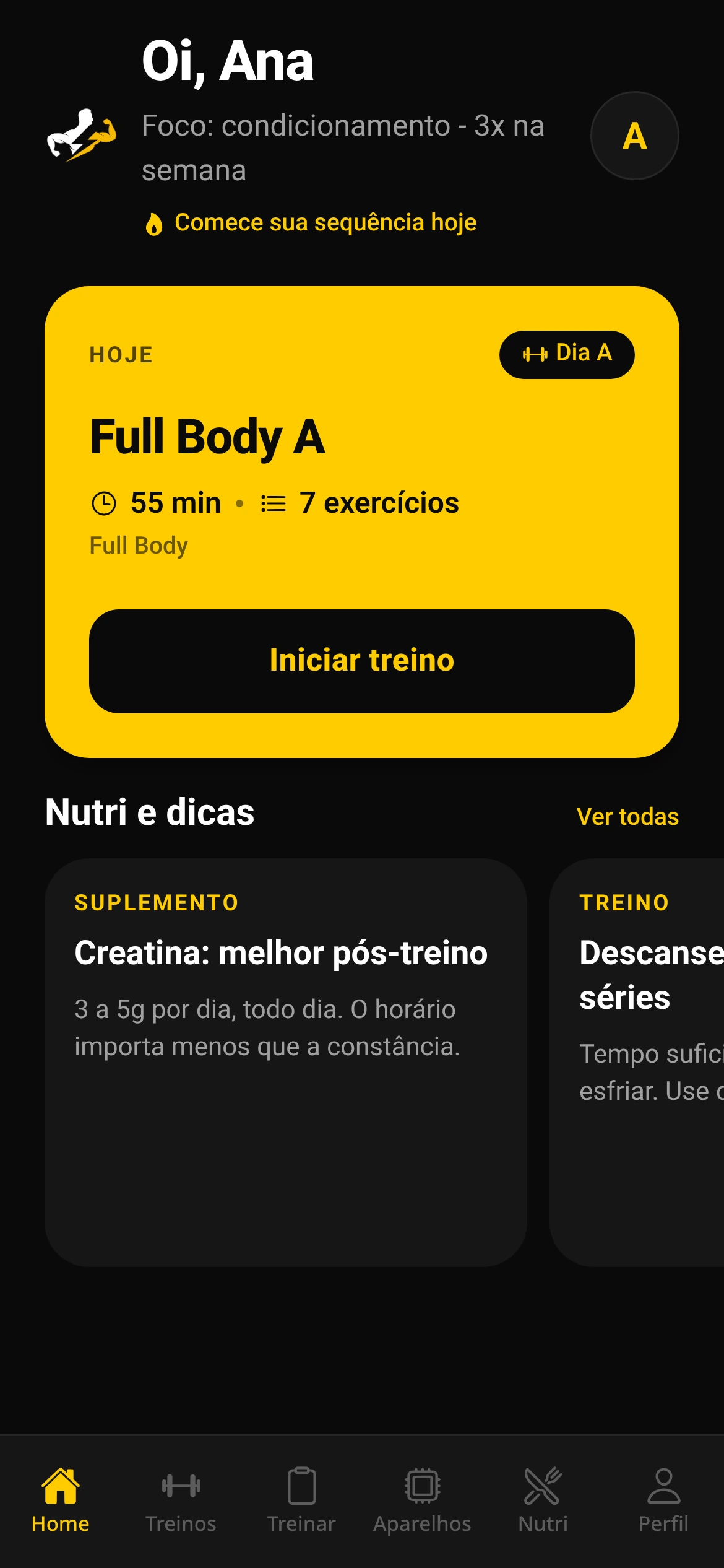 Tela inicial do Forma com o treino do dia